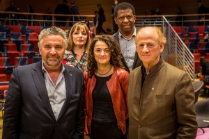 6 Degrees Berlin 2018 - 360 Back row: Regina Catrambone and Dany Laferrière. Front row: Charlie Foran, Esra Küçük, and John Ralston Saul               